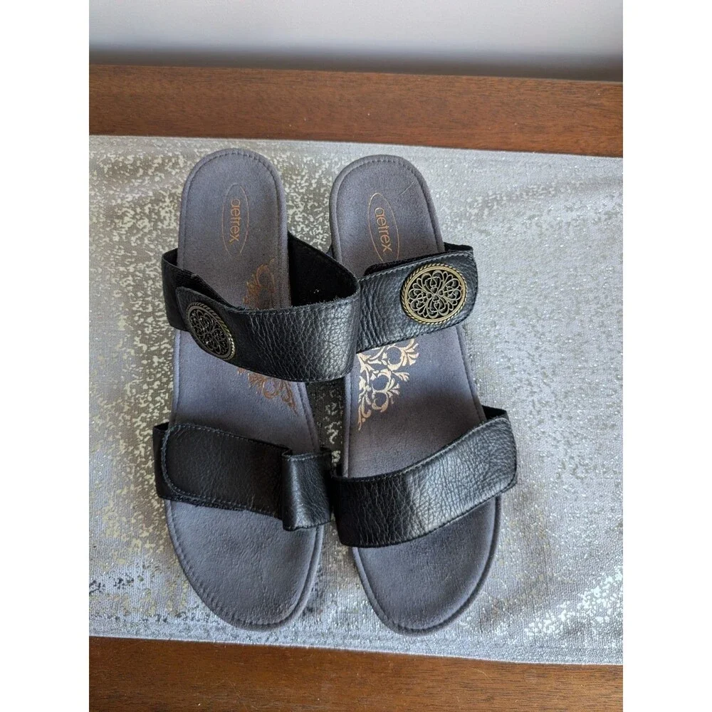 Aetrex Marilyn Womens US 10.5-11 EU 42 Shoes Black Leather Wedge Sandals Comfy